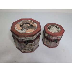 Set Of 2 Via Vee World Wooden Lidded Octagon Shaped Boxes With Latch And Handle